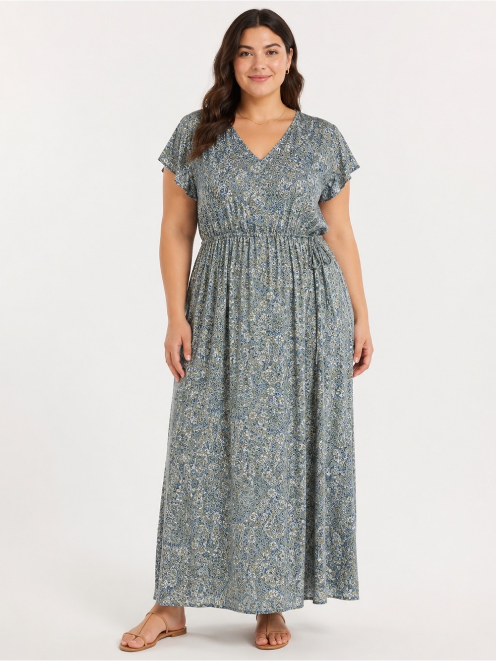 Frye & Co Maxi Dress Womens XL Green NWOT Paisley V-Neck Flutter Sleeve Boho